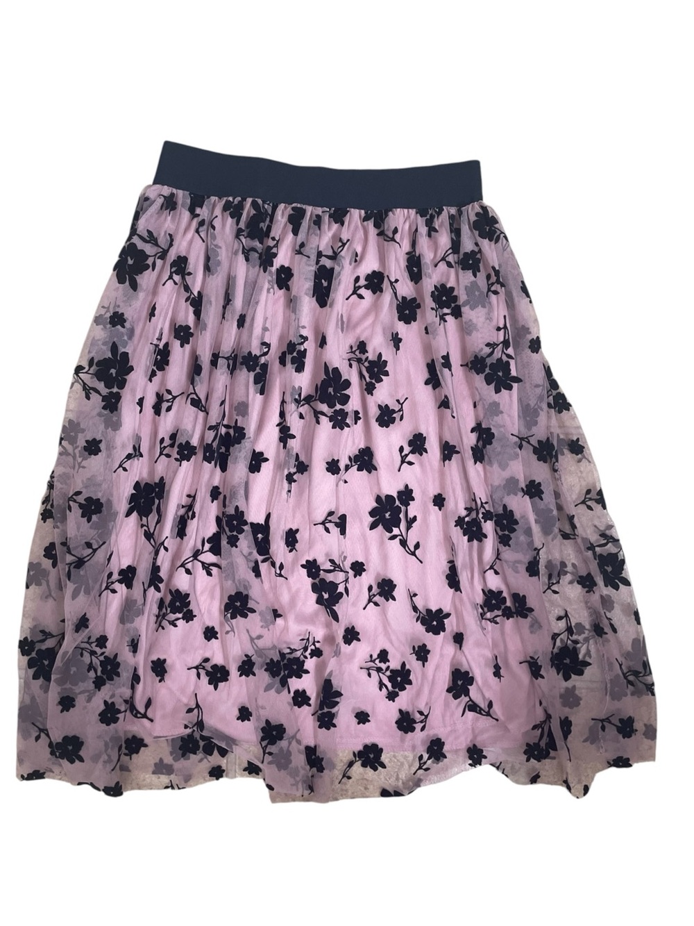 Metrowear Pink Black Floral Mesh Tulle A-Line Midi Skirt Elastic Waist L